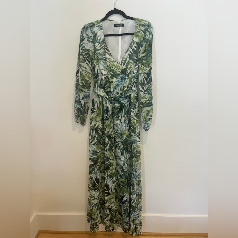 Nine West Faux Wrap Green Leaf Long Sleeve Maxi Dress